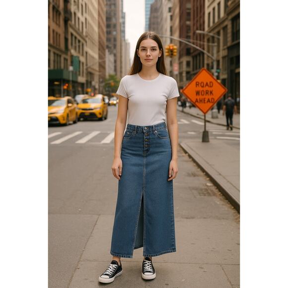 Tommy Hilfiger Jean Denim Maxi Skirt Womens 8 Button Fly Front Slit Y2K Vintage - Picture 1 of 11